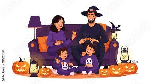 Cozy Halloween Family Scene: A warm and inviting Halloween family scene, showcasing a family of four dressed up in comfortable Halloween attire.