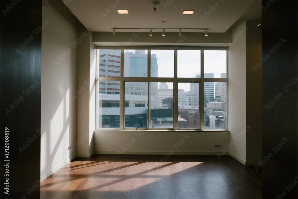 Obraz premium Spacious empty room with large windows overlooking cityscape