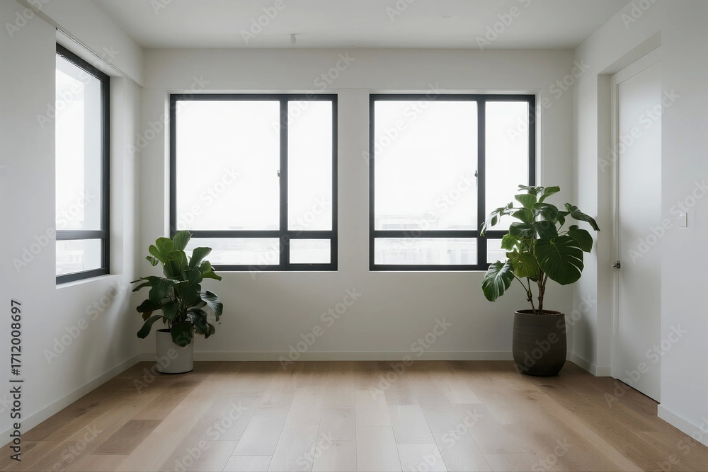 Obraz premium Bright and empty room with large windows and indoor plants