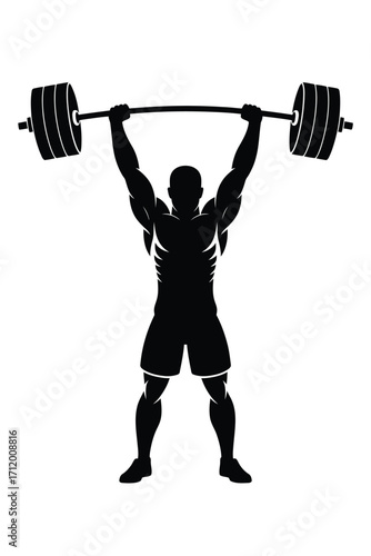 Silhouette of a muscular man lifting a heavy barbell overhead