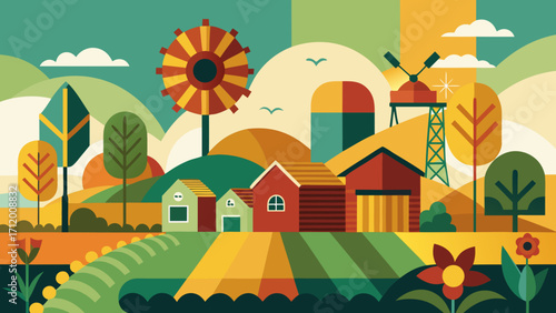Colorful farm landscape with fields, houses, and windmill in flat design
