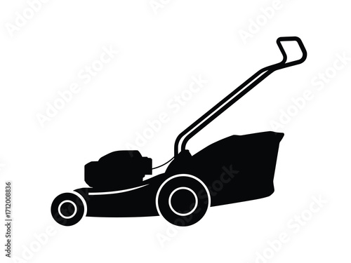 Silhouette of a push lawn mower with grass bag