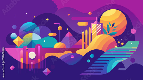 Colorful abstract space landscape with planets, stars, and city in flat design