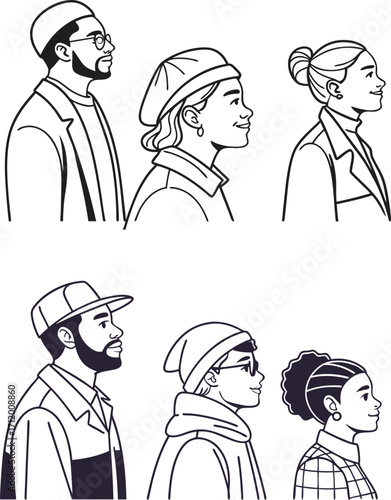 Diverse group of people in profile looking up, forward thinking, modern vector portraits