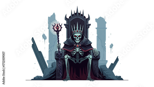 The Grim Sovereign's Reign: An eerie digital illustration of a skeletal monarch, regal crown and scepter in hand, presiding over a desolate throne. Symbol of darkness, death, and an enduring presence.