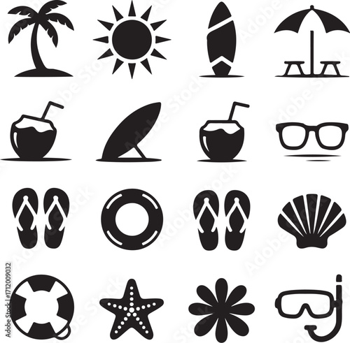 Summer vacation icons for beach travel and relaxation