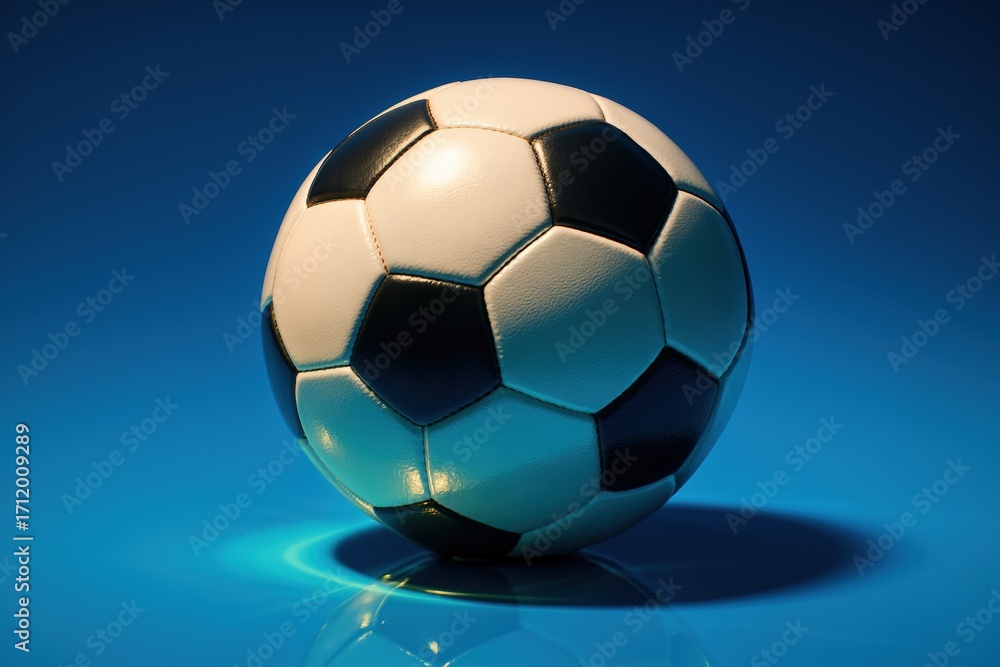 Naklejka premium Soccer ball on teal background with dramatic lighting. Use for modern sports campaigns, product promotion, branding, and sleek design projects. 
