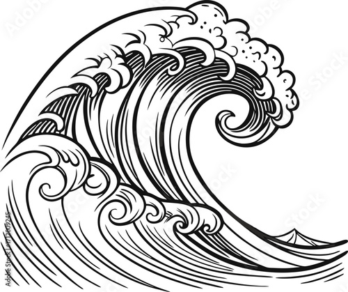 Dramatic ocean wave illustration, perfect for nautical designs or branding projects. Vector graphic