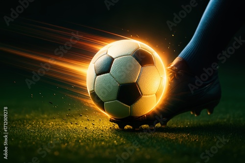 Soccer ball being kicked with glowing motion trails and speed effect. Great for sports promotions, athletic advertising, motivational graphics, and energy campaigns.
