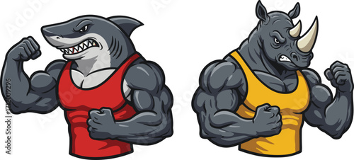Strong muscular shark and rhino cartoon characters flexing muscles, fitness competition, animal athletes, bodybuilding animals, power, strength, gym training, aggressive and confident expressions.