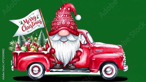 Christmas gnome with red truck, festive hat, white beard, holding Merry Christmas flag, carrying holiday gifts and decorated trees, joyful winter holiday scene, green background, ornaments
