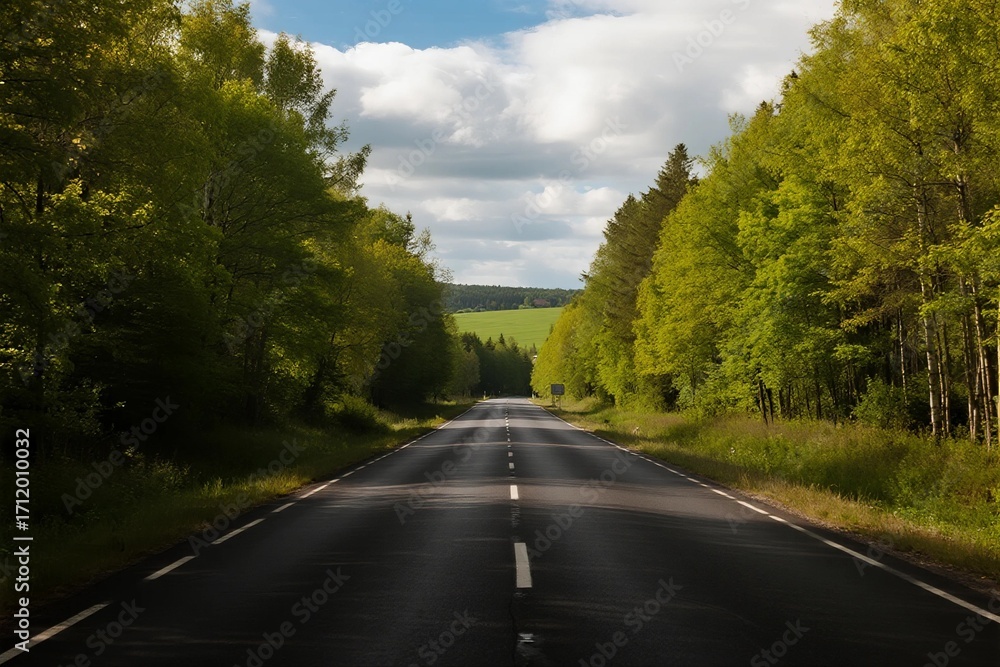 Obraz premium A scenic road surrounded by lush green trees under a cloudy sky