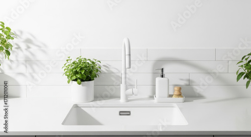 Bright Kitchen Sink and White Countertop against Tile Backsplash with Potted Greenery Providing a Clean Minimalist Aesthetic Design Concept