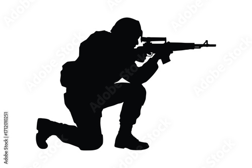 Silhouette of a soldier aiming a rifle in a combat stance