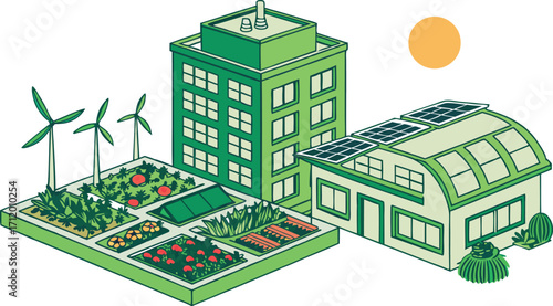 Sustainable city living with green buildings, rooftop garden, and solar panels for a healthier future
