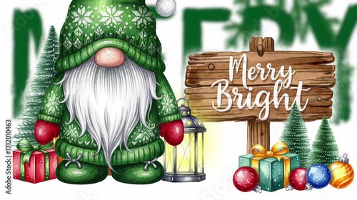 Merry bright gnome in green sweater with white beard, red mitten, holding lantern, surrounded by Christmas tree, wooden sign, colorful gift boxes, ornaments, joyful holiday scene for festive holiday