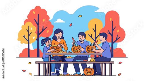 Family Pumpkin Carving: A heartwarming illustration of a family coming together to carve pumpkins outdoors, enjoying the festive spirit.