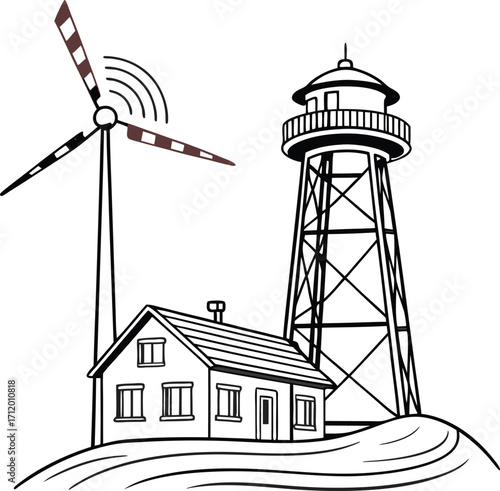 Modern lighthouse with wind turbine power, beacon of safety and sustainable energy concept, coastal charm