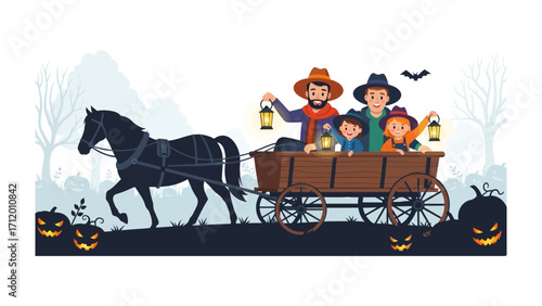 Halloween Carriage Ride: A spirited scene of a family enjoying a spooky Halloween carriage ride through a moonlit night, brimming with carved pumpkins, lanterns, and silhouettes of gnarled trees. 