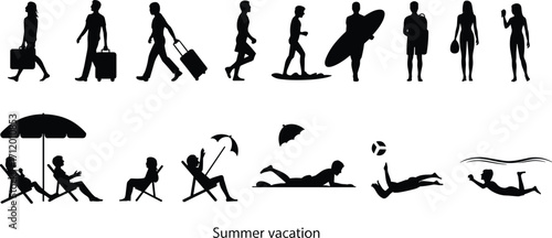 Summer vacation, beach travel, holiday relaxation, surfing fun, swimming activity, tropical leisure, sunbathing, family trip, beach lifestyle, outdoor vacation, travel icons, silhouettes