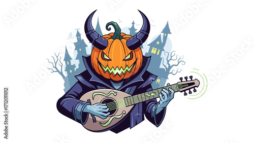 Halloween Pumpkin Demon Playing Music: A spooky illustration of a jack-o'-lantern-headed demon, adorned with imposing horns, strums a lute, against a haunted house silhouette background.