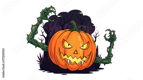 Spooky Pumpkin's Embrace: A spooky, intricately carved pumpkin glows with an eerie light, ensnared by twisting, claw-like vines amidst a shadowy, ethereal landscape.