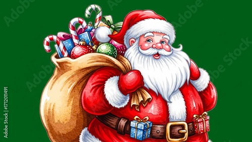 Santa Claus red suit white beard holding large sack filled with colorful gifts candy canes ornament smiling festive Christmas mood green background carrying large sack filled with colorful gifts