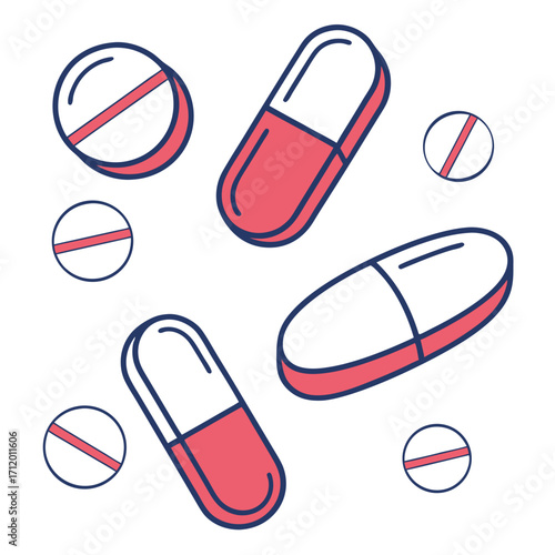 Illustration of pills and tablets, the drawing is in color, and it is a simple, clean design the pills are scattered around the image, and they are all different shapes and sizes