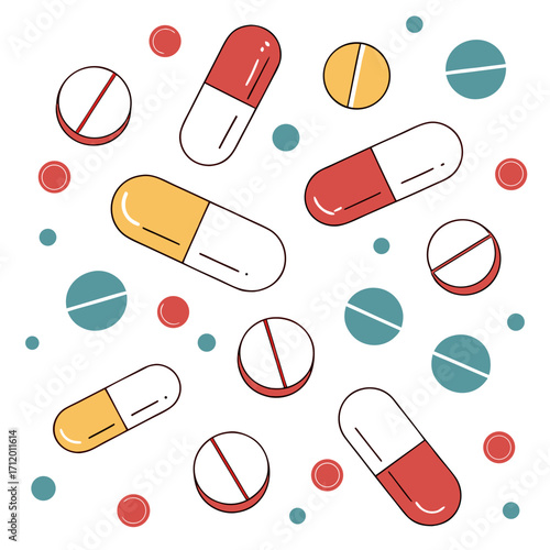 Vector art of a colorful array of pills and capsules scattered on a, the pills are round and come in red, yellow, and blue, while the capsules are red and yellow
