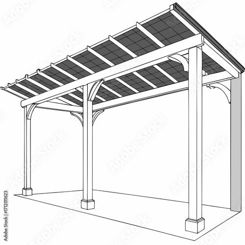Vector art of a full view of a pergola with solar panels on the roof, the structure is made of wood and features a simple, clean design with four posts