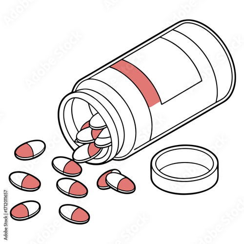 Vector art of an illustration of a medicine bottle lying on its side with pills spilling out, this image represents the concept of medication and healthcare