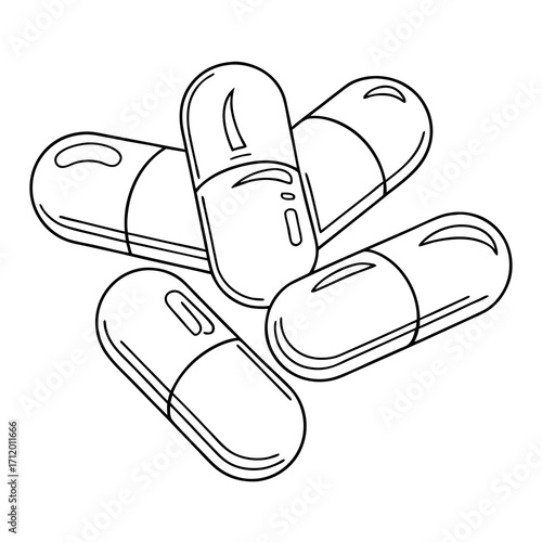 Vector art of black and white line art illustration of capsule pills, representing medication, treatment, healthcare, and pharmaceutical products for medical use and wellness