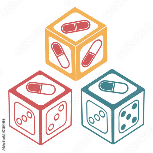 Vector art of colorful pill dice a vibrant illustration of medication and chance, blending health with the uncertainty of a game of dice, in a modern design