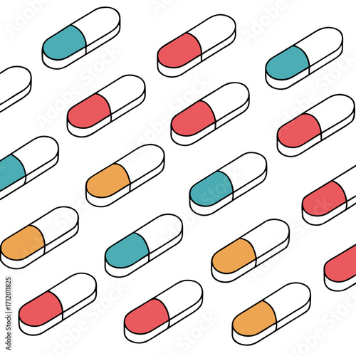 Vector art of isometric pattern of colorful pills creative concept for pharmaceutical industry, healthcare, medicine, and drug store minimalist vector illustration