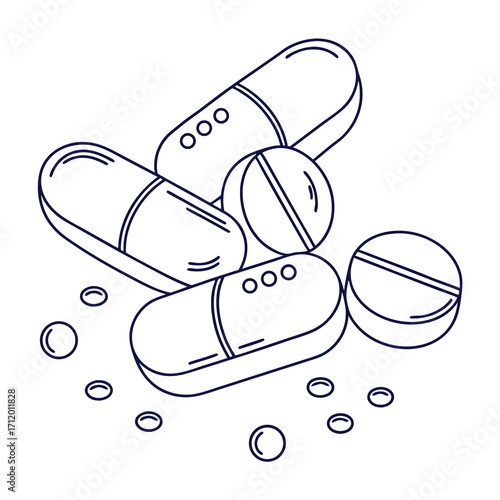 Vector art of line art illustration of capsule pills and round tablets, representing medication, treatment, healthcare, and pharmaceutical products for medical use and wellness