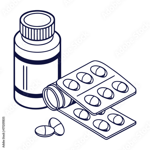 Vector art of medicine bottle and blister pack, illustrating medical treatment, healthcare, and the importance of prescription medication adherence and proper dosage