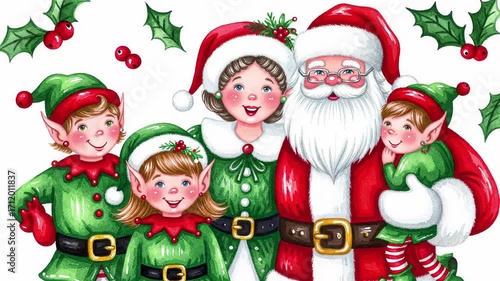 Santa Claus, Mrs. Claus, and cheerful elves with festive green and red Christmas outfits, smiling together with holly decorations, joyful holiday spirit, family gathering, elf children, holiday