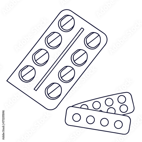 Vector art of outline illustration of two blister packs of pills, one pack is complete, while the other is partially used, suggesting medication adherence or treatment progress