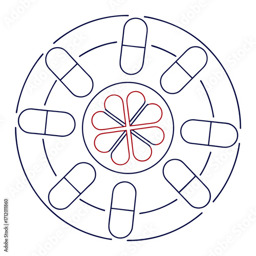 Vector art of outline illustration of pills arranged in a circular pattern with a flowerlike design in the center, the design is clean and modern