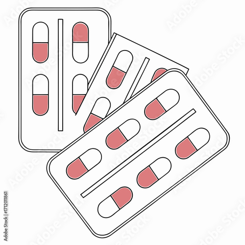 Vector art of pile of blister packs with pink and white capsules concept for healthcare, medicine, treatment, pharmacy, and pharmaceutical industry minimalist vector illustration