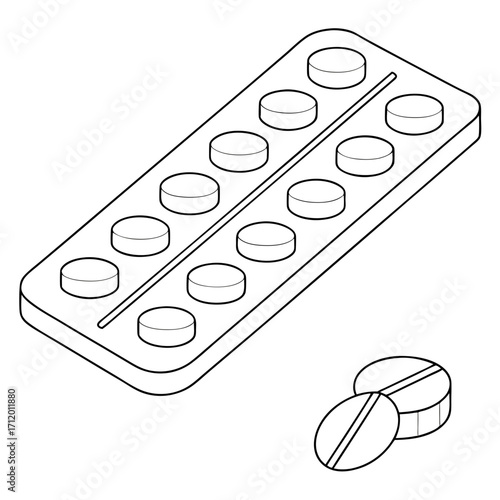 Vector art of outline illustration of a blister pack of pills and two loose tablets, the design is simple and clean, suitable for medical or pharmaceutical themes