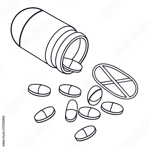 Vector art of outline illustration of pills spilling from a bottle concept of medication, treatment, and pharmaceuticals for medical designs and healthrelated projects