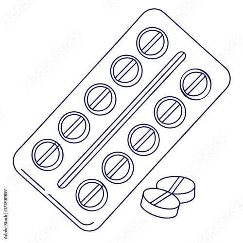 Vector art of pill blister pack, with two loose pills, creating a simple and clean composition for medical or pharmaceutical concepts, emphasizing health and medication