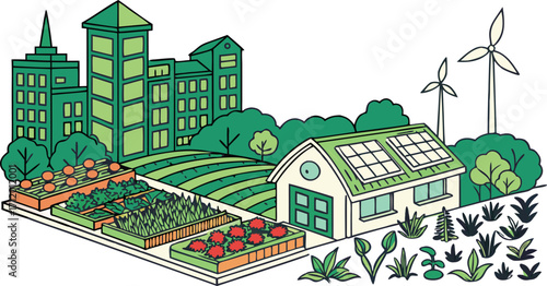 Sustainable community thrives with vibrant gardens, solar power, and wind energy solutions