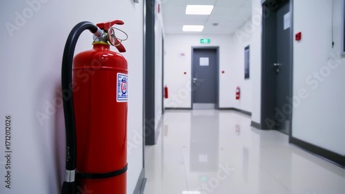 Empty corridor with fire extinguisher mounted on a wall