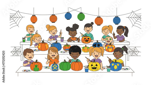 Creative Halloween: Children's creative workshop for Halloween decoration. Capturing the innocent joy and excitement of youngsters as they craft vibrant pumpkin lanterns. 