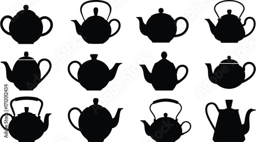 Teapot silhouettes, vintage teapots, classic teapot designs, black teapot shapes, kitchenware icons, tea kettle collection, different teapots, kitchen essentials, tea time, cooking  