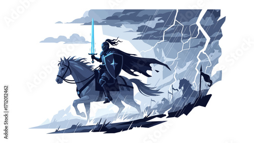 Knight on Horseback Illustration: A valiant knight on horseback, silhouetted against a stormy sky, charging bravely into the fray, sword held high.