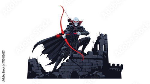 Shadow Archer's Vigil: A dark fantasy illustration presents a silhouetted archer, bow drawn and arrow nocked, poised atop the ruins of a castle, a figure of strategic vigilance.