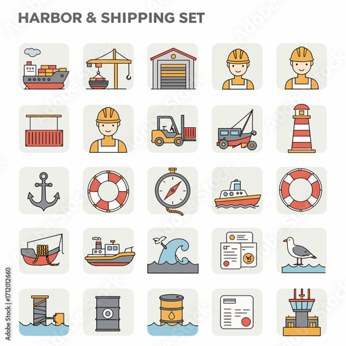 Professional harbor and shipping icons set featuring cargo ships, cranes, workers, and nautical equipment.
